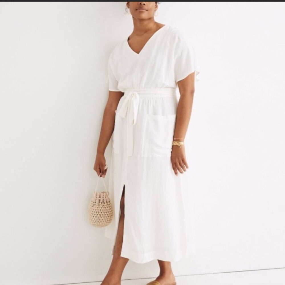 Madewell Linen-Blend Dolman-Sleeve Tie-Waist Midi Dress